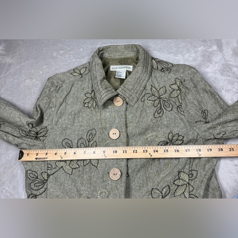 Vintage 90s Requirements Linen Cotton Blend Green Floral Embroidered Jacket XL - Picture 7 of 16